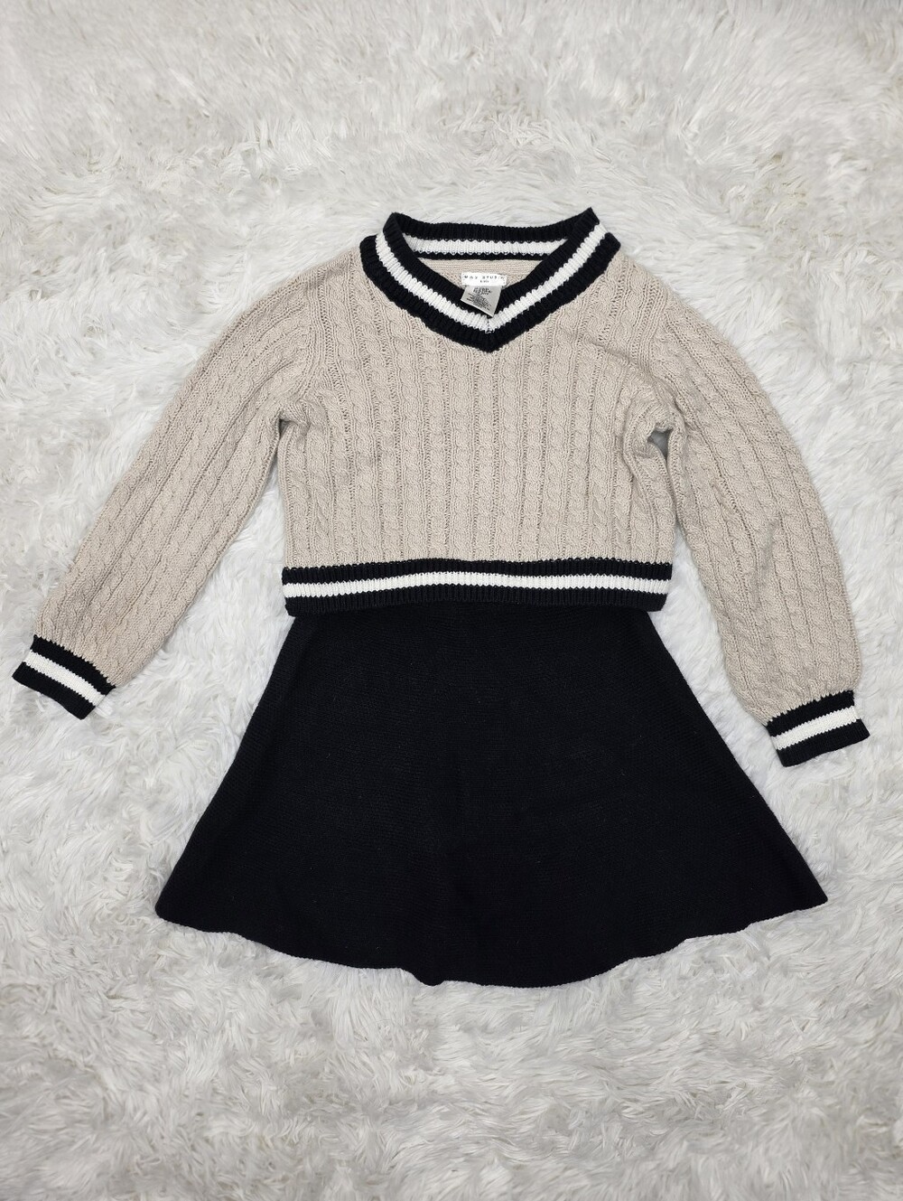 Max Studio Kids- Cozy Cable-Knit Two-Tone K Dress - Beige & Black. Size S